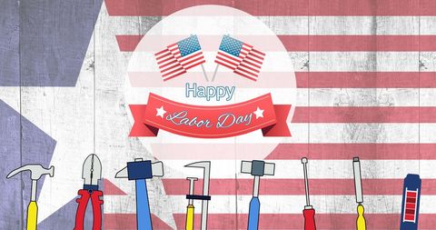 Happy labor day greeting with american flag and tools