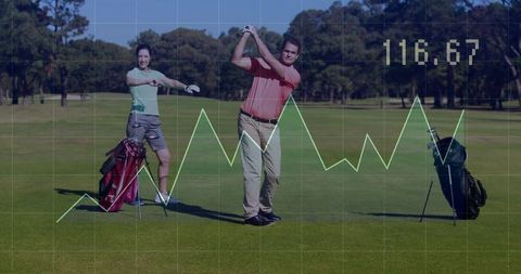 Golfers Practicing with Line Graph Overlay on Green Golf Course