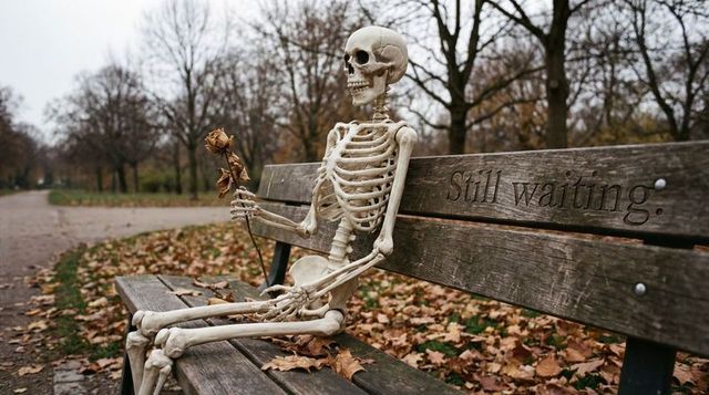 Skeleton sitting on bench holding dried roses engraved 'still waiting' autumn park