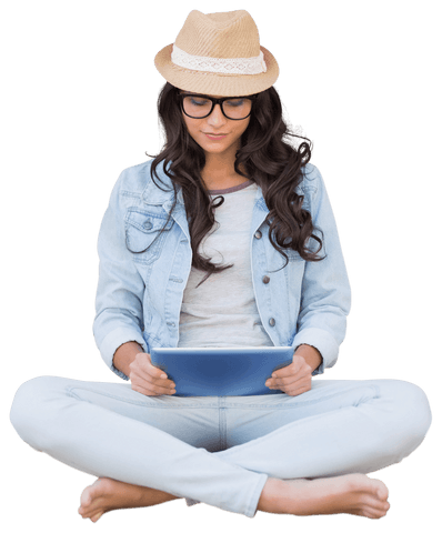Woman in Hat Sitting Cros-legged Using Tablet on Transparent Background