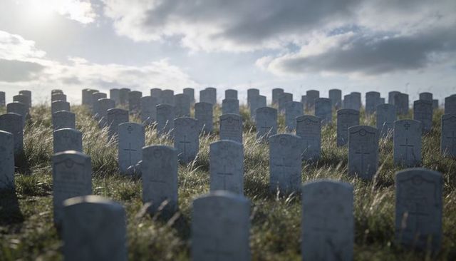 Rows of stone headstones forming military cemetery on windblown grass hill at dusk