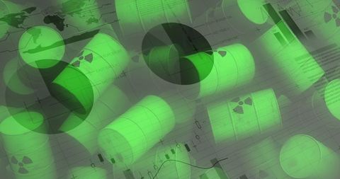 Radioactive barrels and financial data illustration