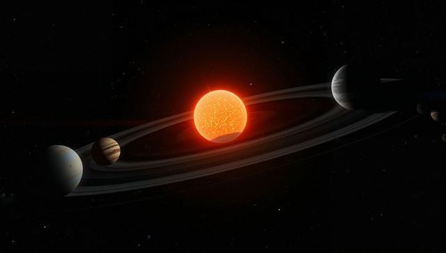 Cinematic glowing orange star illuminating wide planetary ring system with aligned planets