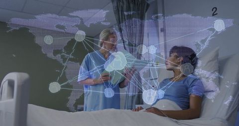Nurse explaining care plan to patient in hospital bed with global network hologram