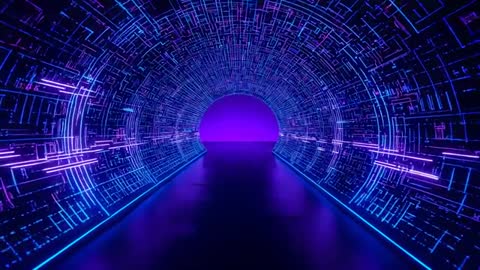 Gliding Through a Futuristic Neon Digital Tunnel