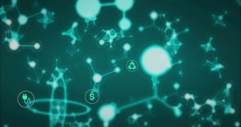 Glowing prominent node connecting digital network with energy plug dollar recycle icons