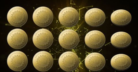 NFT Gold Coins with Digital Network Background