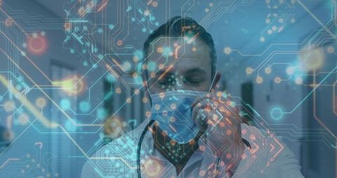 Doctor in Hospital Hall Integrating Futuristic Technology