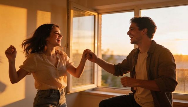 Couple dancing at sunset by open window bathing room in warm golden light casual lifestyle