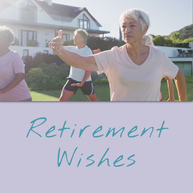 Composition of retirement wishes text over senior diverse people practicing yoga. Retirement, senior lifestyle and happiness concept digitally generated image.