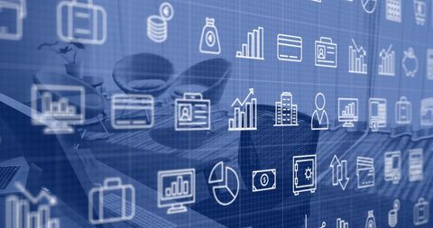Financial data processing with digital interface in modern office