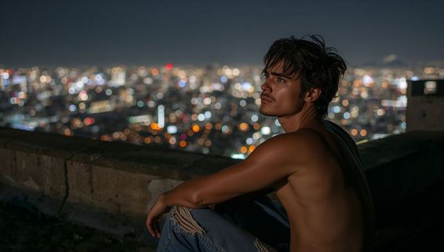 Shirtless man gazing over city lights on rooftop at night, contemplative urban mood