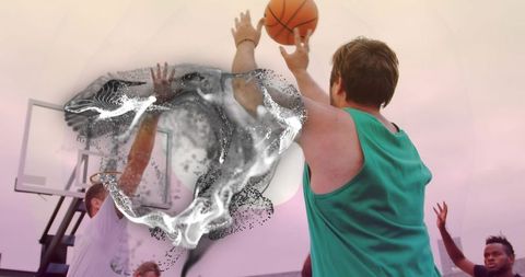 Basketball Player Shooting on Urban Court with Digital Smoke Effects