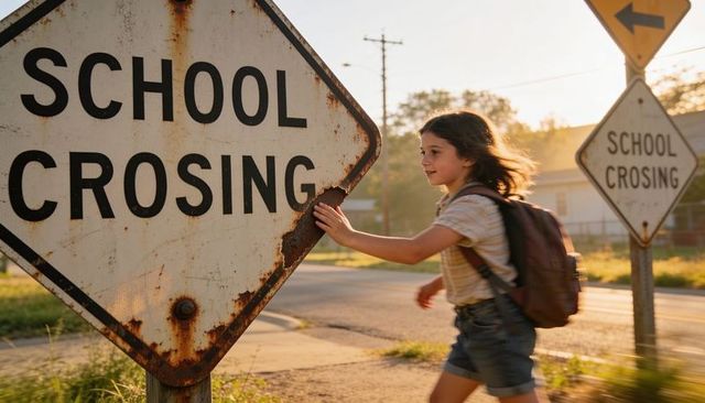 School crossing dawn rush: child running past rusted sign with backpack