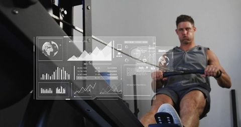 Male athlete pulling on rowing machine with fitness hud overlay for training analytics