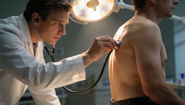 Physician listening to patient lungs with stethoscope during focused clinical examination