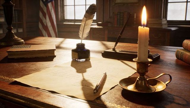 Colonial writing desk featuring quill, inkwell and candlelight on aged parchment