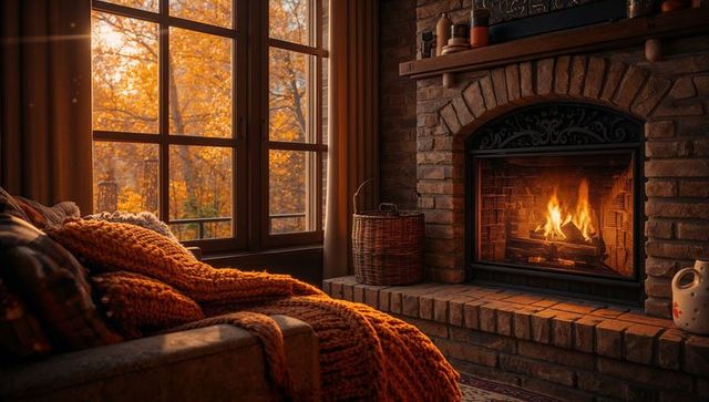 Cozy fireplace room with autumn-warmed ambiance and brick details
