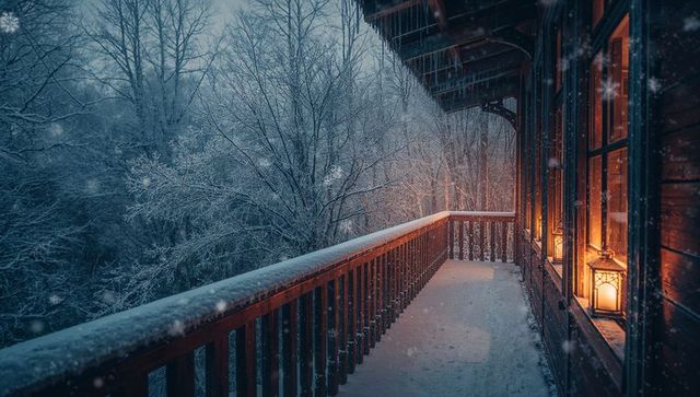 Rustic Cabin Balcony in Serene Winter Landscape with Glowing Lanterns
