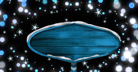 Empty Blue Wooden Sign with Snow and Winter Fairylights Decoration