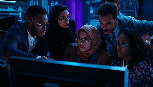 Diverse Tech Team Analyzing Data on Computer in Modern Cybersecurity Center