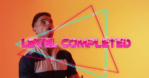 Rugby Player Celebrating Game Level Completion with Neon Effects