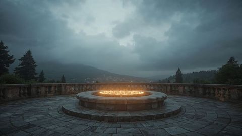 Circular Stone Fire Pit with Flames on Mountain Terrace in Evening