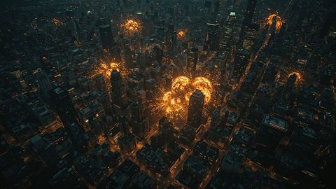 Explosive night above city skyscrapers with bright red airstrikes bursts