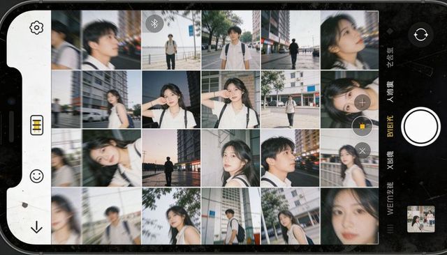 Smartphone screen showing thumbnail grid of two friends in urban candid street portraits