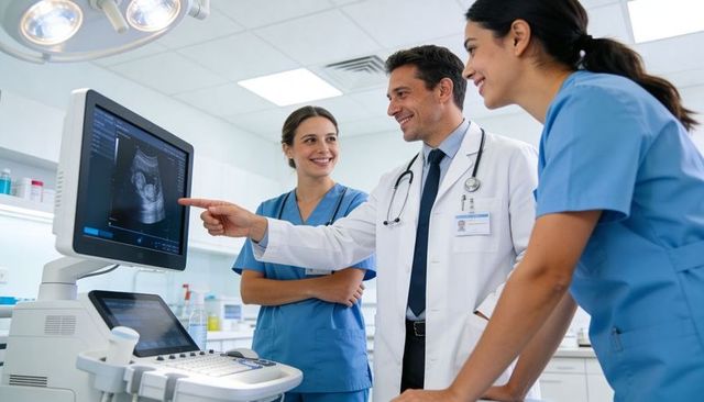 Medical team reviewing fetal ultrasound on monitor and discussing prenatal findings