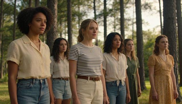 Six women standing in sunlit pine forest wearing casual summer fashion and jewelry