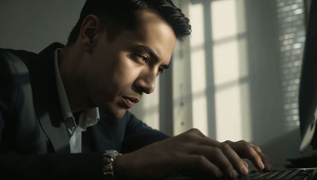 Executive leaning over keyboard typing under dramatic sunlight and blinds-shaped shadows