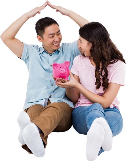 Transparent Image Young Couple Sitting Holding Piggy Bank Smiling - Download Free Stock Videos Pikwizard.com