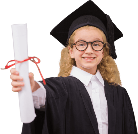 Smiling girl holding diploma in graduation attire on transparent background
