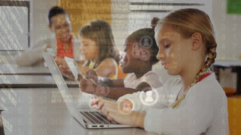 Young Students Using Laptops with Digital Interface Icons