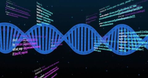 Digital DNA Helix with Code Streams in Futuristic Landscape