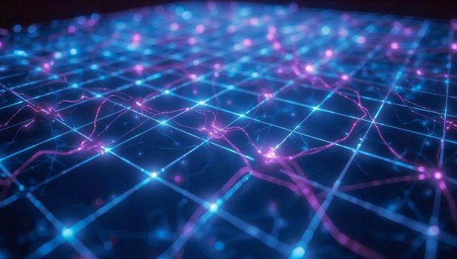 Futuristic Digital Grid with Glowing Nodes and Strands