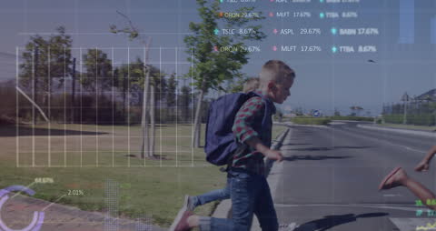 Children Running Across Street with Financial Data Overlay