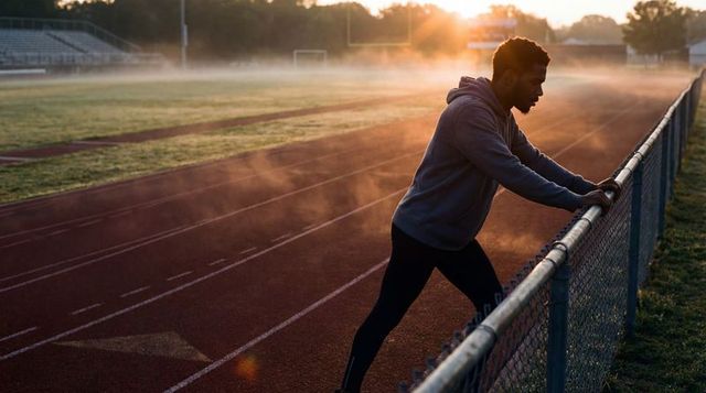 Misty sunrise track athlete stretching and gripping fence during focused morning training