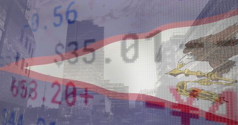 American Samoa Flag Overlaying Stock Market Data and Cityscape
