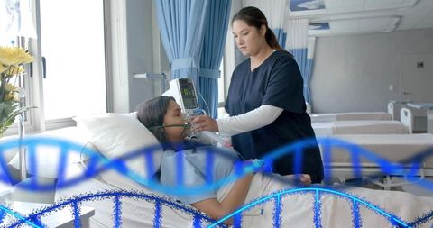 Nurse adjusting oxygen mask for patient with dna overlay in hospital ward monitoring vital signs