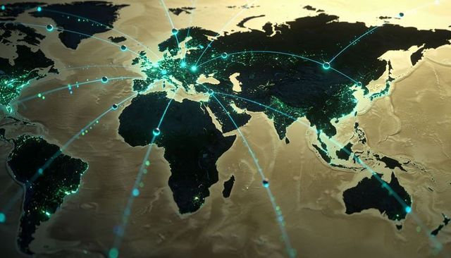 Global network visualization showing glowing nodes and cyan data arcs across continents