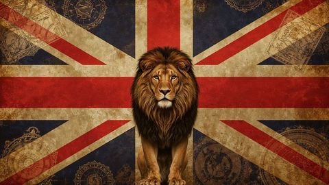 Regal lion against vintage british empire backdrop emphasizing adventure