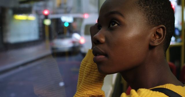 Thoughtful Young Woman Looking Out Bus Window - Download Free Stock Images Pikwizard.com