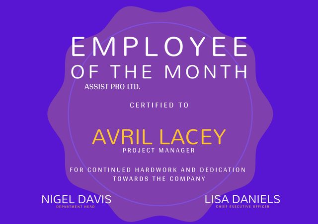 Employee of the month, project manager text and details over purple seal on blue background. Business, employment, service, award and achievement certificate, digitally generated image.