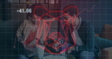 Colleagues Analyzing Financial Data with Bear Market Symbol Overlay