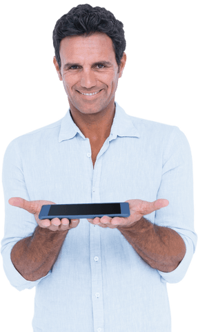 Smiling Man Presenting Tablet Transparent Background - Download Free Stock Videos Pikwizard.com