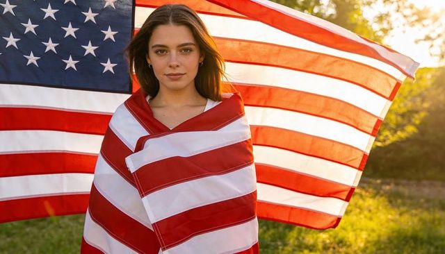 Young woman wrapped in american flag at golden hour in sunlit meadow patriotic portrait