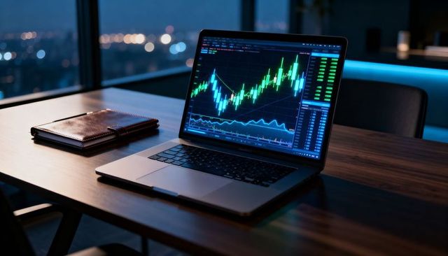 Nighttime laptop displaying stock market candlestick charts and trading dashboard