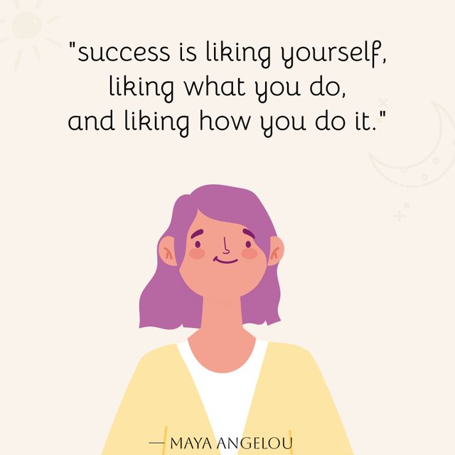 Inspirational illustration featuring a person with a light-hearted expression, complemented with a motivational quote from Maya Angelou. Ideal for use in social media posts, personal development articles, motivational speaking events, and educational materials focusing on self-love and personal growth.